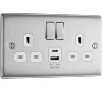 BG NBS22UAC12W Nexus Metal 13A Double Switched Power Socket + USB C (12W) - Brushed Steel + White Insert
