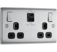 BG Electrical Double Switched Wall Plug Socket with Fast Charge Type A & C USB Charging Ports, Nexus Metal, Brushed Steel, Black Inserts, 13A, 22W, NBS22UAC22B