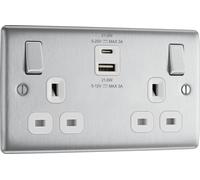 BG NBS22UAC22W Nexus Metal 13A Double Switched Power Socket + USB A+C (22W) - Brushed Steel + White Insert
