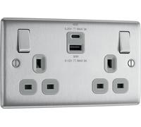 BG NBS22UAC45G Nexus Metal 13A Double Switched Power Socket + USB C (45W) - Brushed Steel + Grey Insert