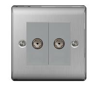 BG NBS65 Nexus Metal 2 Gang Satellite & Co-axial Socket - Grey Insert - Brushed Steel