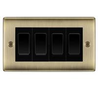BG Nexus Antique Brass 4-Gang Light Switch 2x 2-Way + 2x Intermediate - Black Inserts