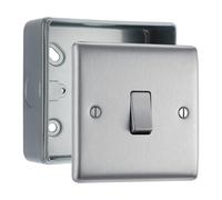 BG Nexus Brushed Steel 1 Gang 2 Way Light Switch & Surface Pattress Back Box