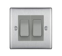 BG Nexus Brushed Steel 2-Gang Light Switch 1x 2-Way + 1x Intermediate - Grey Inserts