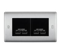 BG Nexus Brushed Steel 4-Gang Euro Plate with 2X USB-A Dual Chargers - Black Insert