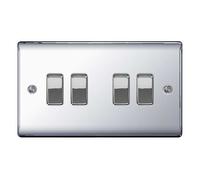 BG Electrical Quadruple Wall Light Switch, 2 Way, Raised and Slim Profile, Round Edges, Nexus Metal, Polished Chrome, 20A, 16AX, NPC44