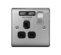 BG Nexus Metal Brushed Steel Single Switched 13A Power Socket With Usb Charging - 2X Usb Sockets (2.1A) - Black Insert - NBS21U2