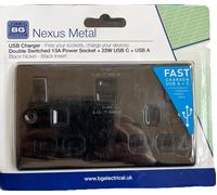 BG NBN22UAC22B Nexus Metal 13A Double Switched Power Socket + USB A+C (22W) - Black Nickel + Black Insert