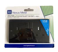 BG Electrical 12W Double Switched Power Wall Plug Socket with Type A and Type C USB Charging Ports, Nexus Metal, Matt Black, 13A, NFB22UAC12B