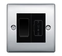 BG Nexus Metal Polished Chrome 2 Way Light Switch with 13A Fused Spur Plate - Black Insert - Kitchen, Bathroom & Utility Room
