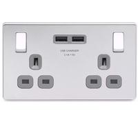 Screwless Flatplate Polished Chrome Double Switched 13A Power Socket With Usb Charging - 2X Usb Sockets (3.1A) FPC22U3G-01