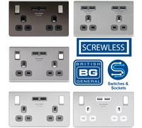 Screwless Flatplate Polished Chrome Double Switched 13A Power Socket With Usb Charging - 2X Usb Sockets (3.1A) FPC22U3G-01