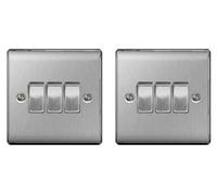 BG Electrical Triple Wall Light Switch, 2 Way, Raised and Slim Profile, Round Edges, Nexus Metal, Brushed Steel, 20A, 16AX, NBS43