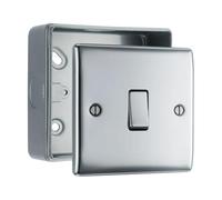BG Nexus Polished Chrome 1 Gang 20A 16AX 2 Way Light Switch with Surface Mount Pattress Box, IP20, NPC12 + MC501