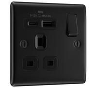 BG Electrical Single Switched Power Plug Wall Socket with Type A USB and Type C USB Charging Ports, Fast Charge, Raised and Slim Profile, Round Edges, Nexus Metal, Matt Black, 13A, 18W, NFB21UAC18B