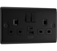 BG Electrical 12W Double Switched Power Wall Plug Socket with Type A and Type C USB Charging Ports, Nexus Metal, Matt Black, 13A, NFB22UAC12B