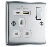 BG NPC21UAC18W Nexus Metal 13A Single Switched Power Socket + USB C (18W) - Polished Chrome + White Insert