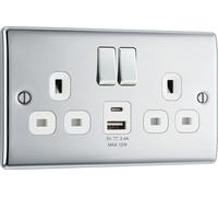 BG NPC22UAC12W Nexus Metal 13A Double Switched Power Socket + USB A+C (12W) - Polished Chrome + White Insert