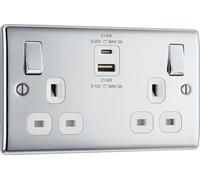 BG NPC22UAC22W Nexus Metal 13A Double Switched Power Socket + USB C (22W) - Polished Chrome + White Insert