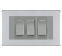 BG Polished Chrome Screwless 3G Switch 2X Intermediate 1X 2 Way Switch - Grey Insert