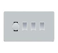 BG Polished Chrome Screwless 4 Gang Switch 1x Trailing Edge LED Dimmer 3x 2 Way