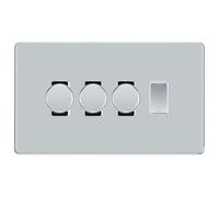 BG Polished Chrome Screwless Flat Plate 4 Gang Light Switch 3x Trailing Edge LED Dimmer 1x 2 Way Custom Switch