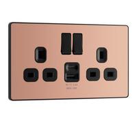 Bg Polished Copper Double 13A 12W Raised Slim Switched Screwless Socket With Usb, X2 & Black Inserts
