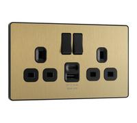 Bg Satin Brass Double 13A 12W Raised Slim Switched Screwless Socket With Usb, X2 & Black Inserts