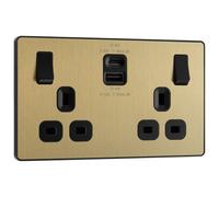 Bg Satin Brass Double 13A 22W Raised Slim Switched Screwless Socket With Usb, X2 & Black Inserts