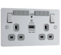 BG SBS22UWRG Flatplate Screwed 13A Double Socket + Wifi Extender +1x USB(2.1A) - Grey Insert - Brushed Steel