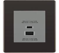 BG Screwless Black Nickel 45W USB Wall Socket Euro Module USB-A & C - Grey Insert
