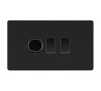 BG Screwless Flatplate Matt Black 3 Gang Grid Switch 1x Trailing Edge LED Dimmer 2x 2 Way