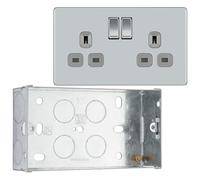 BG Screwless Polished Chrome 13A Double Switched Socket FPC22G with 35mm Steel Back Box