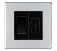 BG Screwless Polished Chrome 2 Way Light Switch with 13A Fused Spur Plate - Black Insert - Kitchen, Bathroom & Utility Room