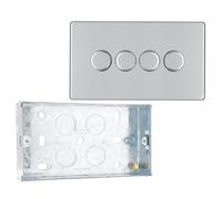 BG Screwless Polished Chrome 200W 2 Way Quadruple Trailing Edge Dimmer Switch FPC84 with 25mm Steel Back Box