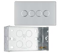 BG Screwless Polished Chrome 200W 2 Way Quadruple Trailing Edge Dimmer Switch FPC84 with 35mm Steel Back Box