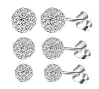 BG&WLing 3 Pieces Crystal Ball Stud Earrings Set for Women, 3 Different Size Sparkle Disco Ball Earring Studs, Silver, crystal