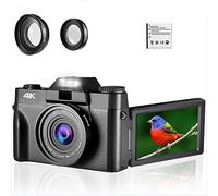 BGAZA 48MP Digital Camera 4K Vlog Camcorder 3.0" 180° Flip Screen Selfie Digital Webcam For Wide Angle Macro Lens(128G TF Card,With Lens)