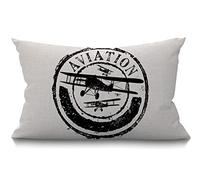 BGBDEIA Airplane Cushion Cover 30 x 50 cm Stamp Design with Word Aviation and Airplane Rectangle Pillow Cases Home Decorative Cotton Linen Throw Pillow Cover for Bed Sofa Black White 12x20 Inch