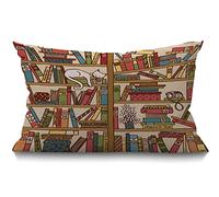 BGBDEIA Book Cushion Cover 30 x 50 cm Nerd Book Lover Cat Sleeping Over Bookshelf in Library Boho Design Rectangle Pillow Cases Home Decorative Cotton Linen Throw Pillow Cover for Bed Sofa 12x20 Inch
