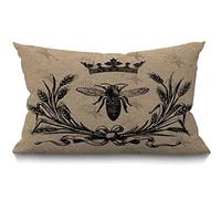 BGBDEIA Cushion Cover Bee Vintage Queen Bees Animal Retro Crown Floral Ear Bowknot Black Rectangular Throw Pillow Cover for Couch Sofa Home Decor Cotton Linen 30 x 50 cm 12x20 Inch