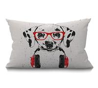 BGBDEIA Cushion Cover Dalmatian Funny Animal Puppy Wearing Hip Hop Headphone Glasses Lovely Pet Rectangular Throw Pillow Cover for Couch Sofa Home Decor Cotton Linen 12x20 Inch 30 x 50 cm