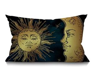 BGBDEIA Golden sun crescent moon and stars over blue black sky Cotton Linen Decorative Cushion Cover Throw Pillow Case for Couch Sofa Bed,30 x 50 cm 12 X 20 Inches