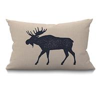 BGBDEIA Moose Cushion Cover 30 x 50 cm Wild Animal Deer Black Silhouette Elk Antler Rectangle Pillow Cases Home Decorative Cotton Linen Throw Pillow Cover for Bed Sofa 12x20 Inch