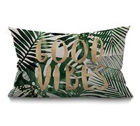 BGBDEIA Palm Leaf Cushion Cover 12x20 Inch Good Vibes Word Palm Tree Tropical Jungle Leaves Rectangle Pillow Cases Home Decorative Cotton Linen Throw Pillow Cover for Bed Sofa Green 30 x 50 cm