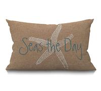 BGBDEIA Seas The Day Vintage Beach Starfish Cushion Cover Farmhouse Brown Sea Marine Fish Decorations Pillow Cover Case for Sofa Couch Cotton Linen 30 x 50 cm 12x20 Inches