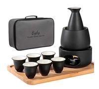 Bgbg Ceramic Sake Set with Warmer Pot Bamboo Tray-Traditional Japanese Pottery Hot Saki Set 11-Piece including 1 Sake Pot,6 Sake Cups，1 Warming Mug，1 Candle Stove, 1 Candle Tea Light Holder and 1 Tray