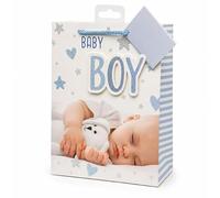 BGC Studios Wraptastic Baby Boy Medium Gift Bag with Gift Tag - Blue Glitter Stars and Hearts Design - 22.5 × 18 × 10 cm