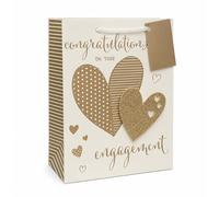 BGC Studios Wraptastic Engagement Gift Bag, 22.5x18x10 cm | Gold Glitter Heart Design, Includes Gift Tag, Rope Handles, Ivory & Gold Colours, Congratulations Message