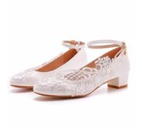 BGDTEFJDZ Women's shoes, ladies' high heels, 3cm square heels, round toe lace-up, suitable for spring, summer and autumn, lace mesh flower wedding shoes,White,42